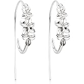 Flower Cluster Threader Earrings Handmade Solid Sterling Silver Pull Through Hoop Earrings for Women