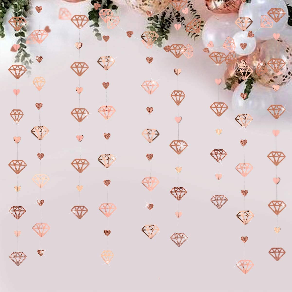 52Ft Rose Gold Valentine's Day Heart Diamond Hanging Banner Glitter Metallic Paper Garland for Bachelorette Engagement Wedding and Bridal Shower Anniversary Birthday Party Decoration (4 Packs)