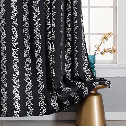 Estelar Textiler Blackout Window Curtains Silver Wave Flower Print Grommet Blackout Curtains Thermal Insulated Drapes Blinds for Bedroom Sliding Patio Door 38 x 84 Inch Black 2 Panels