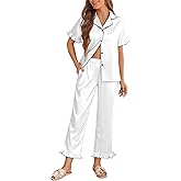 Ekouaer Silk Pajamas for Women Satin Short Sleeve Pajamas Set with Ruffle 2 Pieces Button Down Tops and Pants