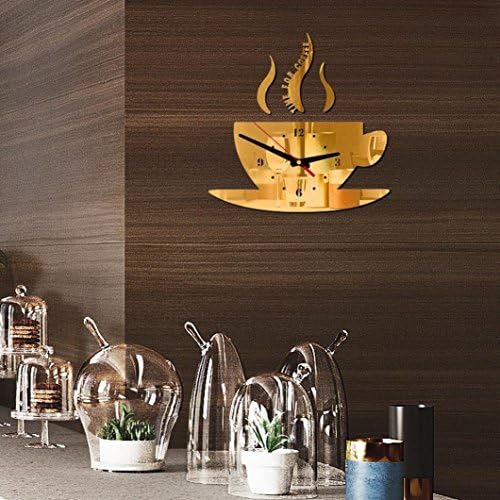 Pbof Clock, Coffee Shape Removable Diy Acrylic 3D Mirror Wall Sticker Decorative Clock (Gold)