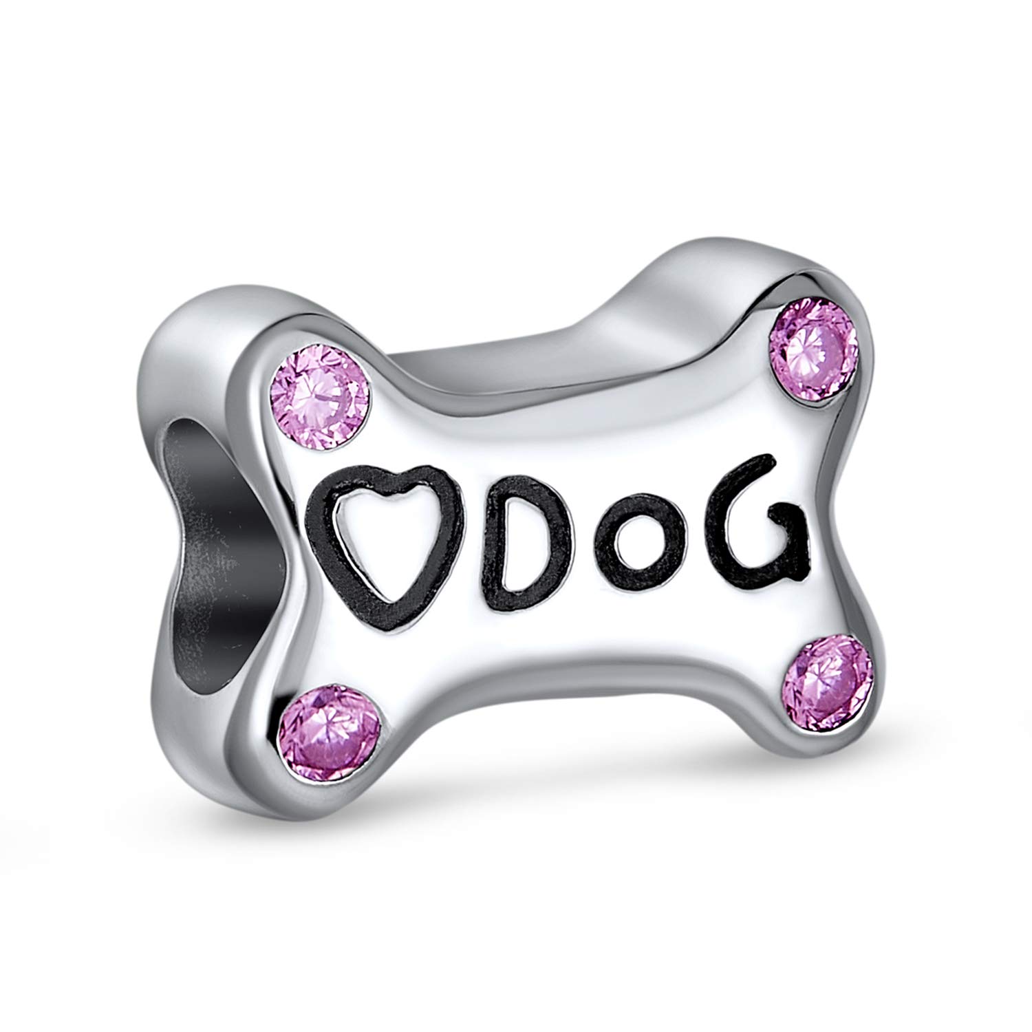 Bling Jewelry Pink Cubic Zirconia Heart Love Dog Puppy Pet Dog Bone Shape Charm Bead For Women Sterling Silver Fits European Bracelet