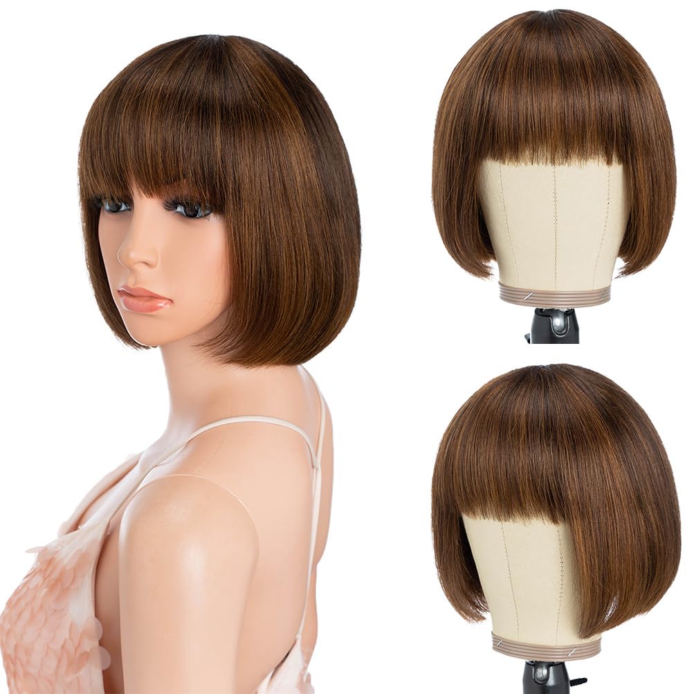 Style Icon Brown Human Hair Wig with Bangs for Black Women - Short Straight Bob Wig, Glueless, Machine Made (8 inches, P4/30)