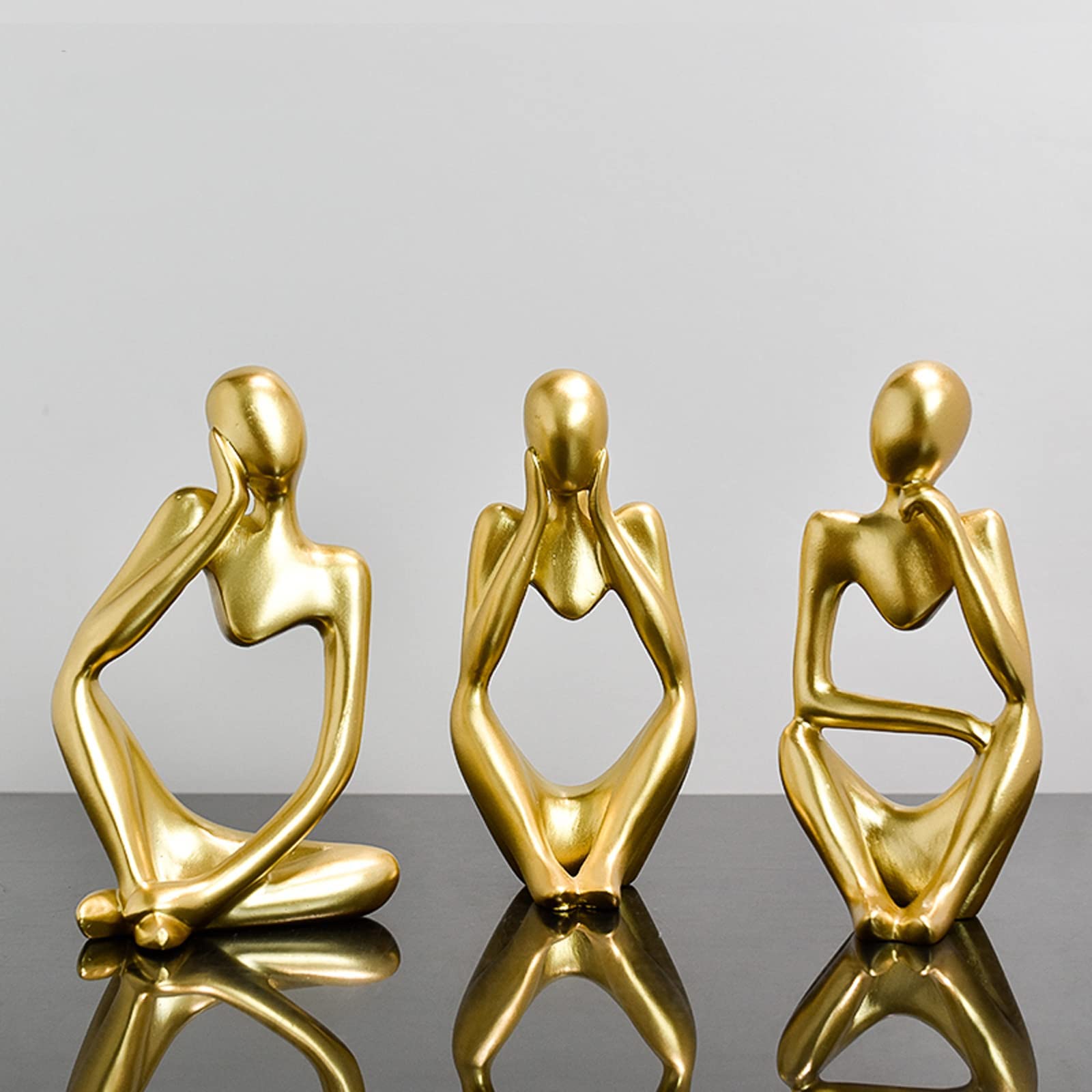3 Pcs Thinker Resin Statue Set, Personalized Abstract Ornament for Office Living Room Desk Room Decor (Gold)