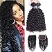 Amella Hair Brazilian Curly Virgin Hair Weave 3 Bundles with 4X4 Lace Closure 8A Brazilian Kinky Curly Hair Weave Bundles Natural Color(12 14 16+10Free Part Closure)