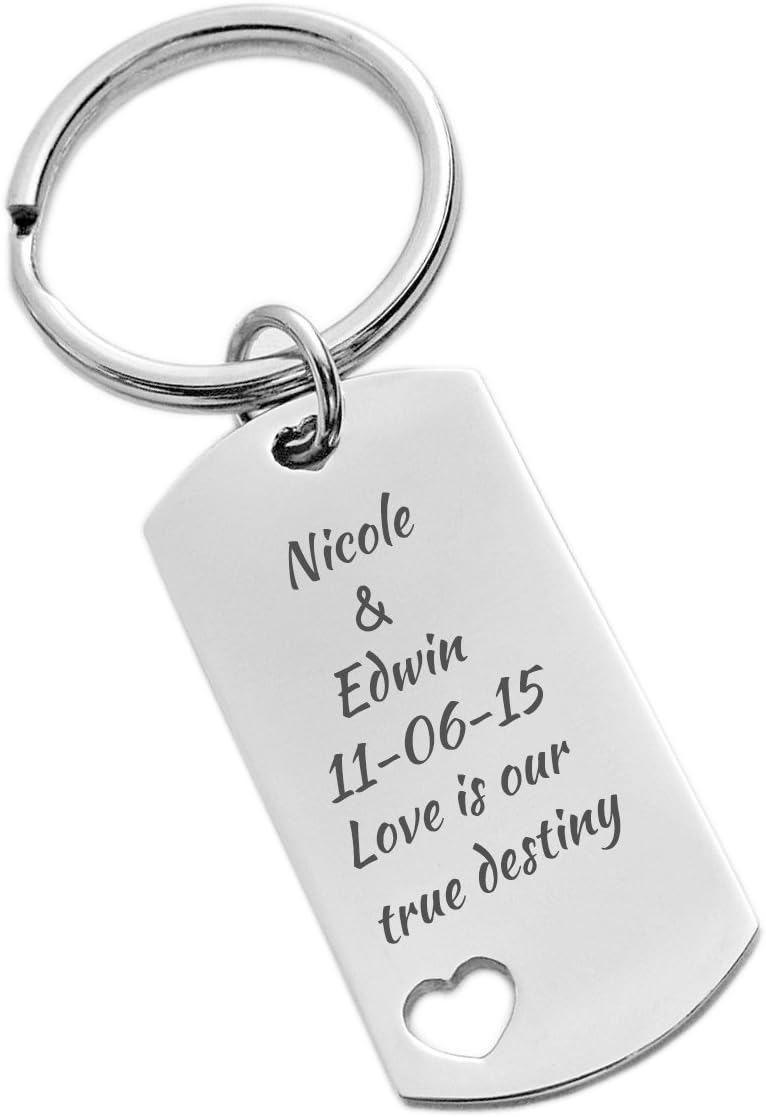 Personalized Engraved Stainless Steel Dog Tag Keychain With Heart Cutout - Custom Free Engraving