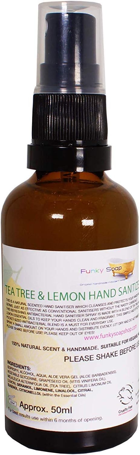 Funky Soap Pure Hand Cleanser, with Lemon And Tea Tree Oil, Glass Spritz Bottle 50ml