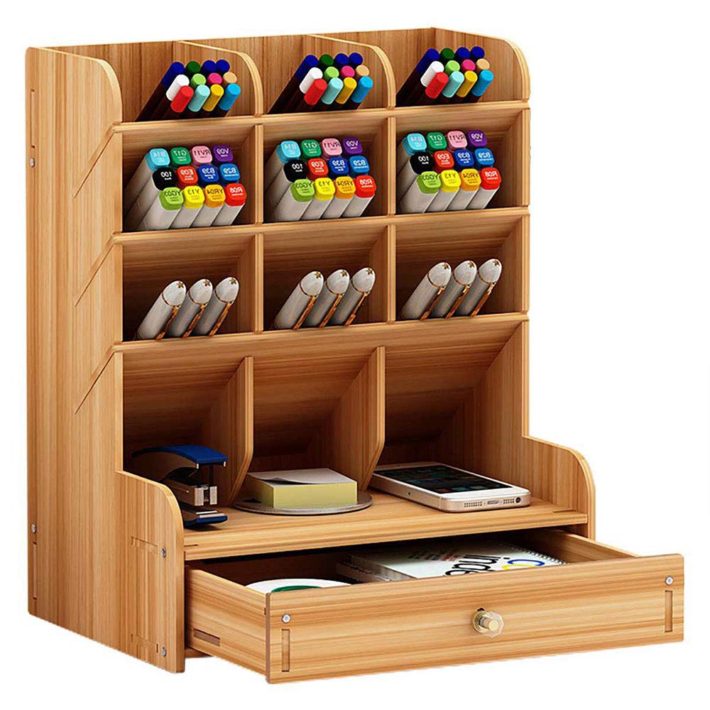 Pen Holder Storage Rack Wooden Pen Holder Multi-Functional Desktop Organizer for Stationery Storage Box Pencil Pot Holder - Large Capacity(Brown-A)