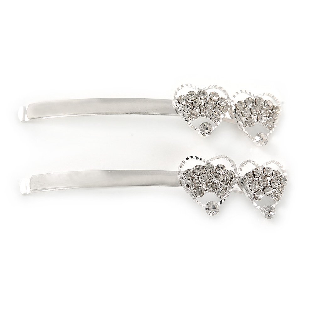 2 Bridal/Prom Clear Crystal Double Heart Hair Grips/Slides In Rhodium Plating - 65mm L
