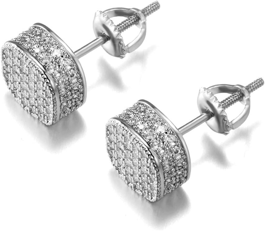 Iced Out Mens Earring Cubic Zirconia Cubist Screw Back 18k Yellow Gold plated Hypoallergenic Square Stud Earring For Men and Women Hip Hop Jewelry