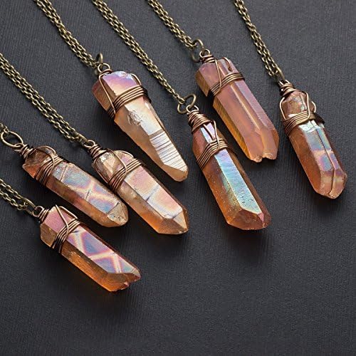 Raw Burnt Orange Aura Quartz Crystal Point Bronze Necklace 23 Inches