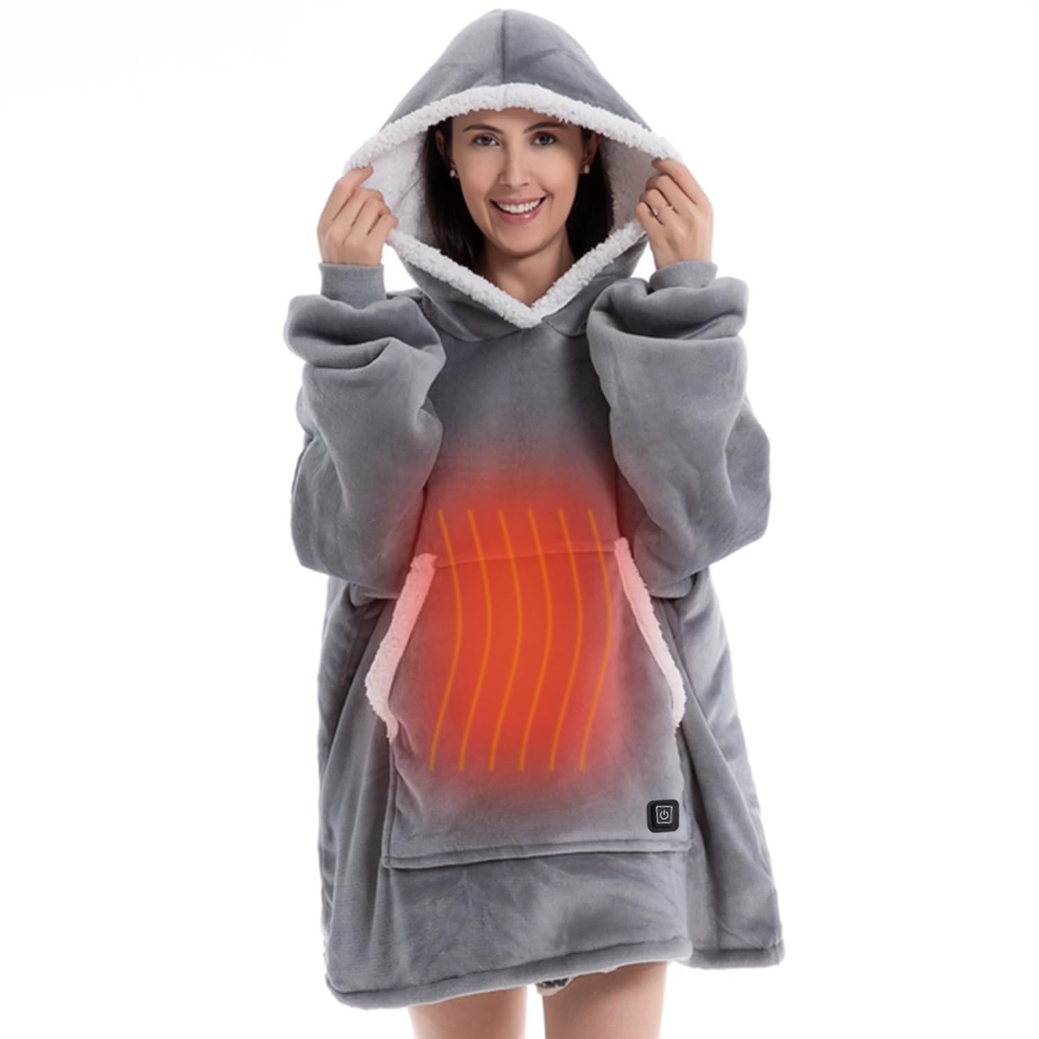 Heated Wearable Blanket USB Electric Hooded Blanket with 3 Heating Levels, Warm Cozy Flannel Oversized Hoodie with Large Pocket Winter Unisex Sweatshirt, Gray, Button Control