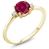 Gem Stone King 10K Yellow Gold Red Created Ruby and White Created Sapphire Solitaire Engagement Ring For Women | 1.03 Cttw | Round 6MM | Wedding Engagement Anniversary Promise Ring For Women