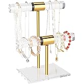 Jolboldy Necklace Holder Bracelet Holder, 2-Tier Acrylic Jewelry Display Stand Gold Jewelry Tower Stand Crystal T Bar Jewelry Organizer Gift for Women(2-Tier 1pc)