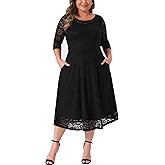 Agnes Orinda Plus Size Dress for Women Floral Lace Scooped Neckline 3/4 Sleeves with Pocket Knit Cocktail Party Dresses