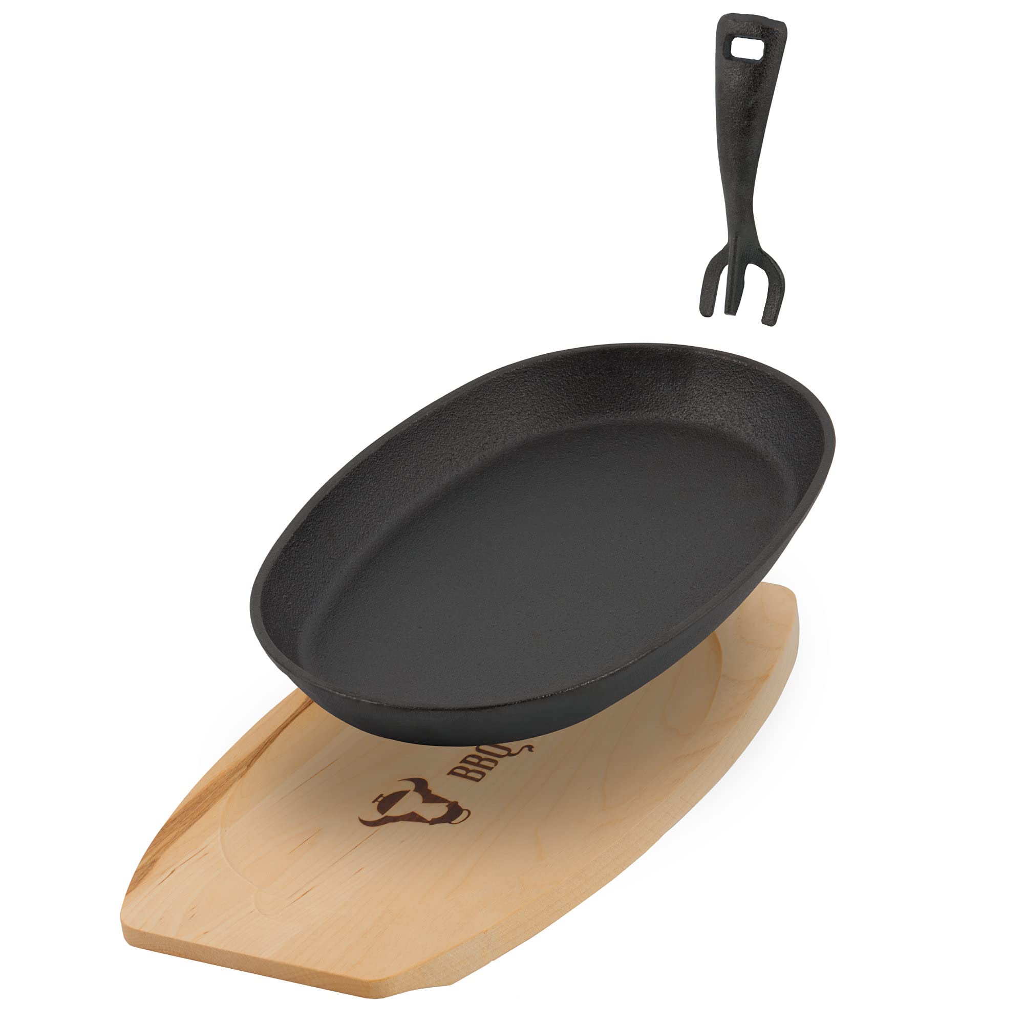 BBQ-Toro Serving pan Set with Wooden Base | 27 x 18 x 3 cm - Oval - pre-Seasoned - Black | cast Iron pan (1)