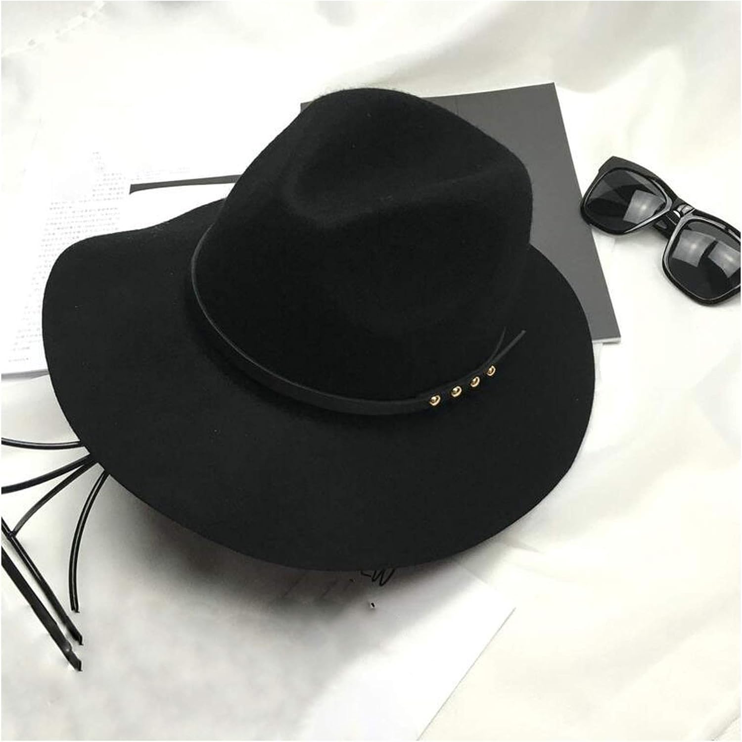 Wool Women Black Felt Hat Woolen with Wide Brim Jazz Churches Caps