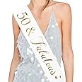 50 and Fabulous Sash, 50th Birthday Sash Fabulous 50 Sash Birthday Party Favors, Supplies and Decorations (White/Gold)