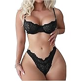 SOLY HUX Women's Bra and Panty Set Floral Lace Underwire Push Up 2 Piece Sexy Lingerie Set