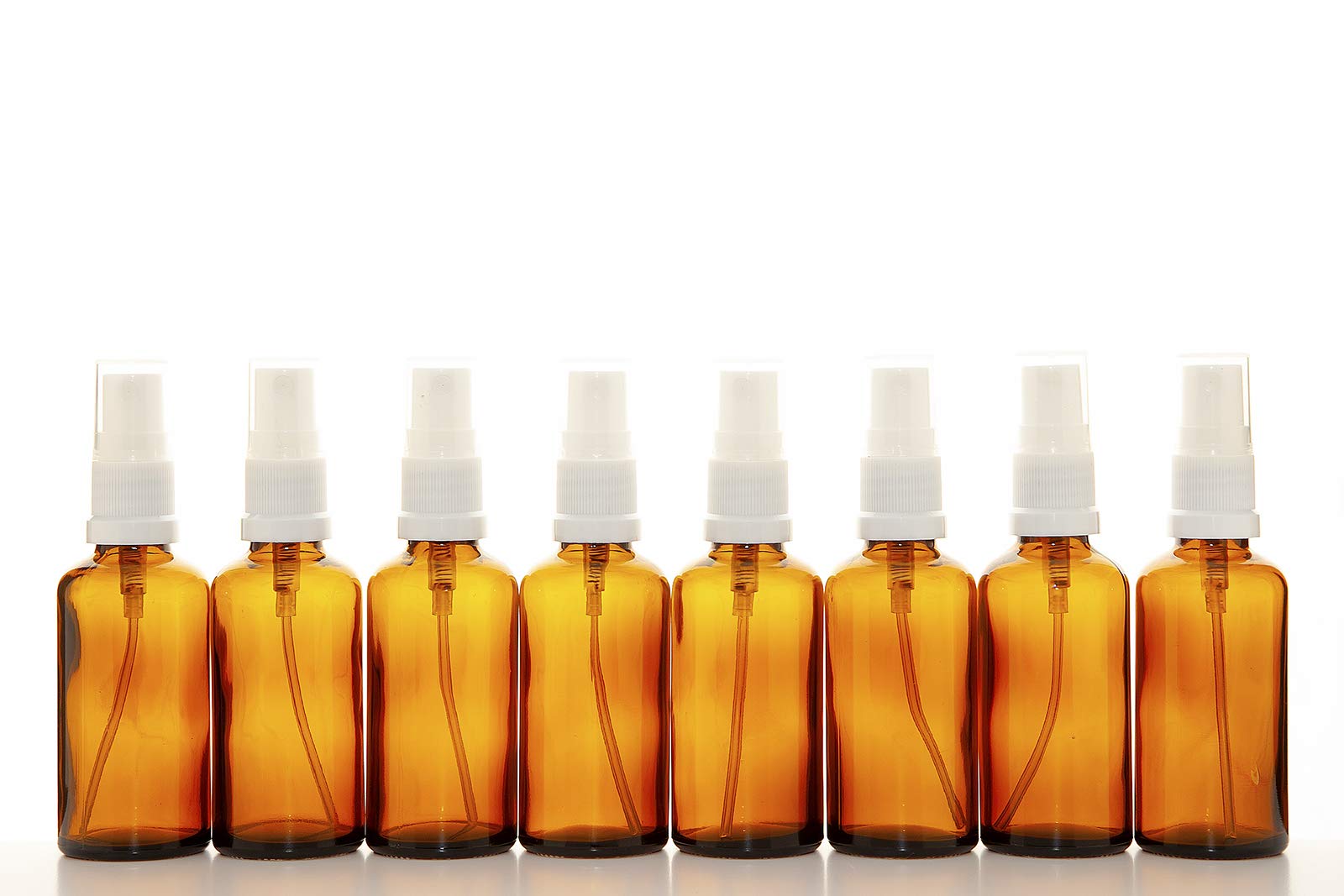 Aura 50ml AMBER Glass Bottles with White ATOMISER Sprays - PACK of 8
