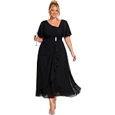 Ever-Pretty Plus Women's Chiffon Maxi Plus Size Formal Cocktail Dress | Short Sleeve, Smocked Waist, A Line, Plus Size Wedding Guest Dress, Plus Size Mother of Bride Dresses