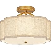 CALOKES Semi Flush Mount Ceiling Light, 11.8" Modern 3-Light Fixture with Petal-Shaped Cream Beige Linen Shade and Golden Sup