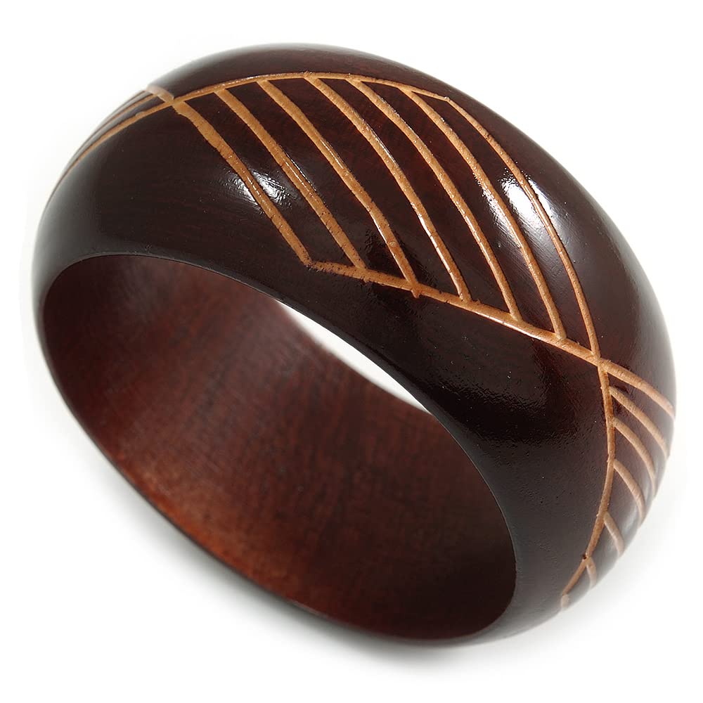 Avalaya Wide Chunky Wooden Bangle Bracelet with Geometric Pattern/Medium/Possible Natural Irregularities