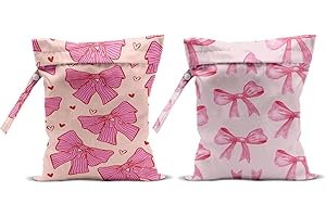 HZMLYDJ 2Pcs Pink Bow Wet Bags 12x10 Inch, Heart Waterproof Travel Laundry Bags, Washable Reusable Wet Dry Bag for Swimsuit Pool Beach Diapers Dirty Yoga Gym Clothes, Pink Gifts for Women Friend Travelers