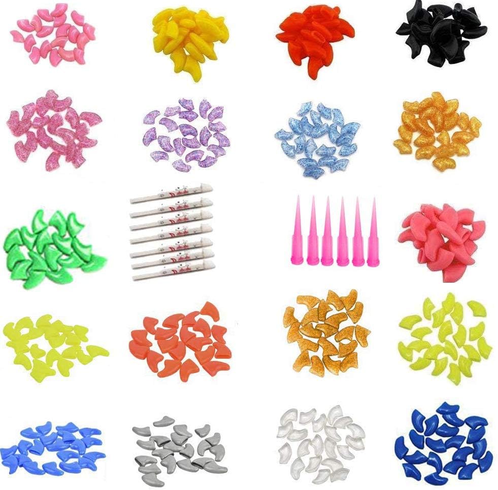JOYJULY 100pcs Cat Nail Caps Pet Cat Claw Kitty Caps Control Soft Paws of 5 Different Colorful Nail Covers for Cats+ 5 Adhesive Glue+3 Applicator with Instruction