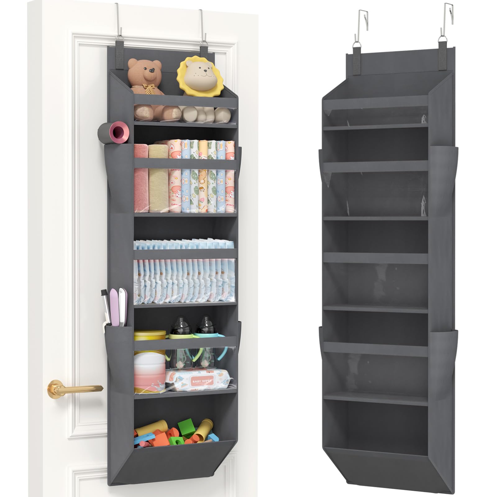 Lifewit Over the Door Storage, Clear Hanging Organiser with 4 Side Pockets, Anti Tilt 40 lbs Load Behind Door for Dorm, University Essentials, Room, Bedroom, Nursery, Grey, 5 Shelf, 1 Pack