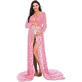 ZIUMUDY Maternity Deep V-Neck Split Front See-Through Maxi Lace Dress for Photography with Long Sleeve