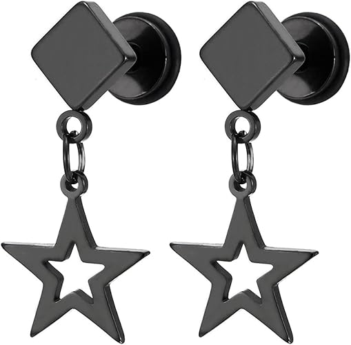 Black Earrings for Men Studs Hollow Fivepointed Star Titanium Steel Punk Mens Earrings