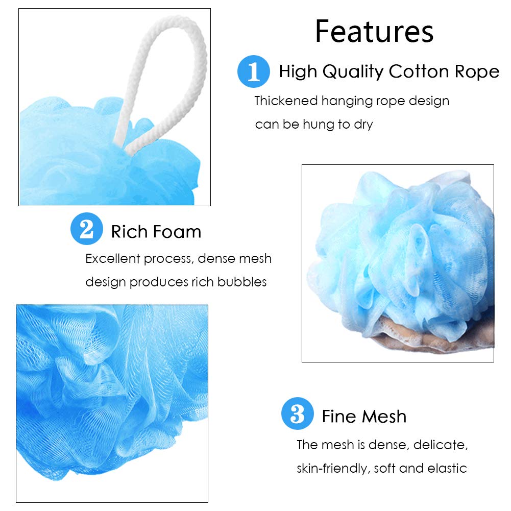 Bath Sponges Bath Loofahs Mesh Pouf Shower Wash Ball Large 5 Packs 60g Each Soft Eco-Friendly for Men& Women Cleanse, Smooths Skin, Exfoliating: Beauty