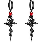 unixmoment Handmade Gothic Silver Cross Rose Flower Huggie Hoop Earrings Sparkly Crystal Love Heart Sword Dangle Drop Earrings For Women