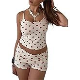 Women Y2k Polka Dots Print 2 Piece Pajama Set Cute Spaghetti Strap Crop Top Foldover Low Rise Micro Shorts Set Homewear