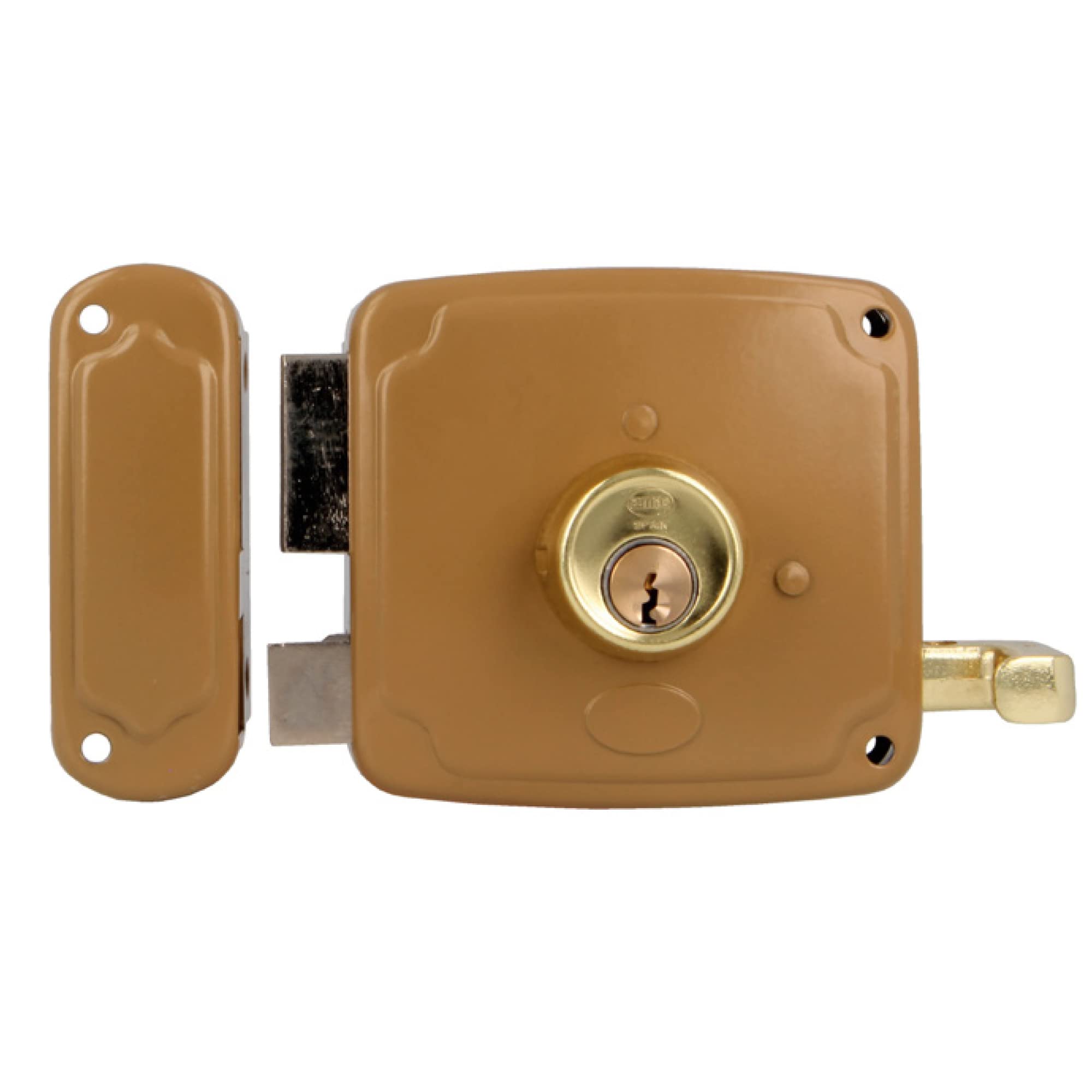 Amig - Left-Hand Surface-Mounted Lock with Lever, Latch, and Handle - Made of Gold Steel - Size: 100 x 95 mm - Ideal for Entry or Interior Wooden Doors