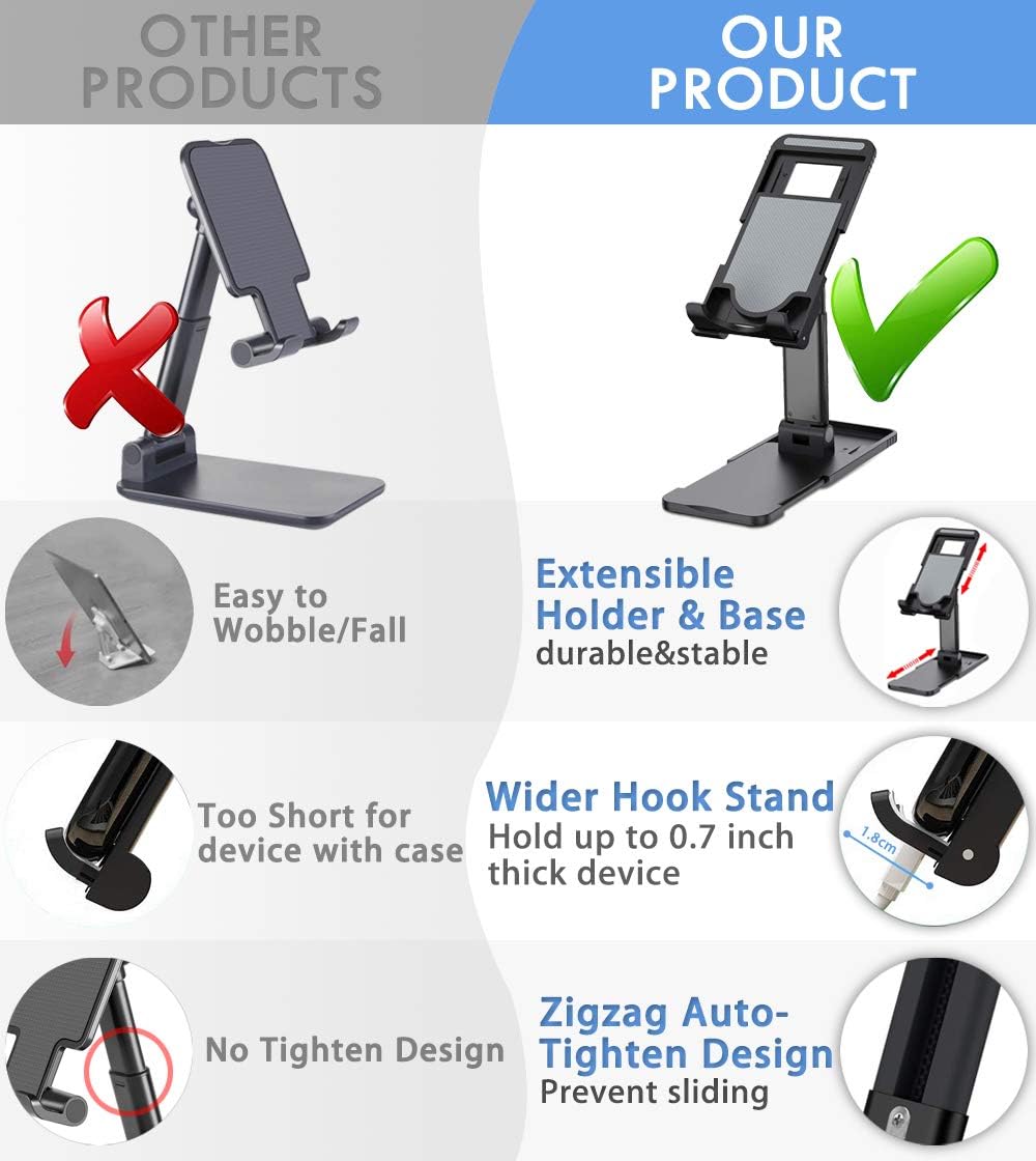 Universal Adjustable Cell Phone Stand (Upgraded), CASEOWL Fully Foldable Tablet Stands Portable Phone Holder Mount Compatible with iPhone/Samsung/LG/All Mobile Phone/iPad/Kindle/Tablet/Switch (Black)