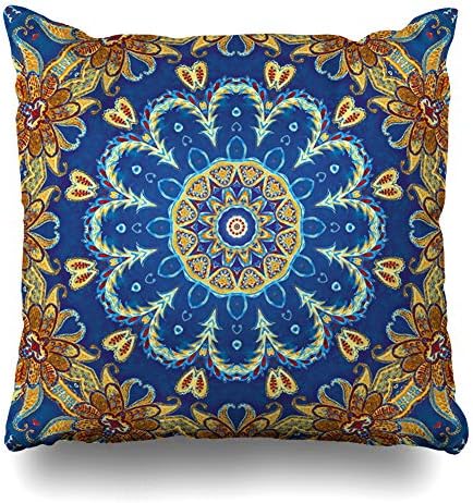 ArtsDecor Throw Pillow Covers Cases Tribal Watercolor Pattern Ceramic Tiles Asia Abstract Arabesque Arabian Bandana Design Ethnic Home Decor Cushion Square Size 20" x 20" Zippered Pillowcases