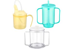 Suclain 3 Pcs Adult Sippy Cups for Elderly Spill-Proof 12oz Plastic Elderly Sippy Non Spill Dysphagia Cups with Handles Straw and Lid for Adults Hospital Disabled Handicapped Patients