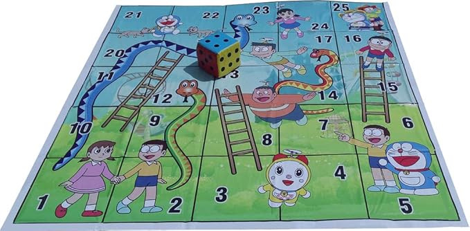 Atpata Funky 25 Blocks 5x5 Feet Snakes & Ladders (Doraemon Theme) with 8inch Dice