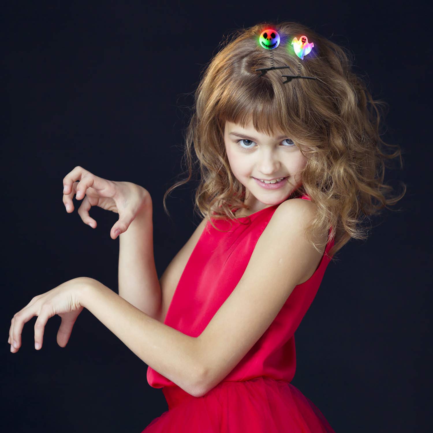 LED Light Up Earrings Hair Clips,Aniwon2 Pairs Glowing Halloween Flashing Skull Pumpkin Ear Drop Pendant With 4pcs Bright Stylish Fashion Hair Barrettes Pumpkin Bat Ghost mummy Hairpins for Halloween