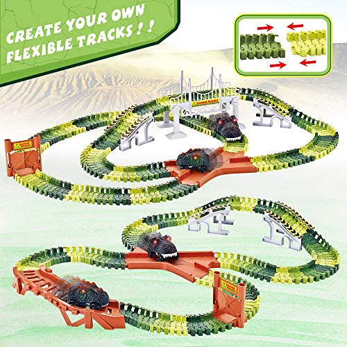 Dinosaur Track Toy Set 305 Piece, Dinosaur Car Race Track Toy with 264 Flexible Tracks, 2 LED Light Up Dinosaur Cars, Create a Dinosaur Track, Dinosaur Toy for Kids Boys Children Girls Ages 3+