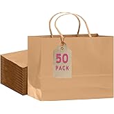 qiqee 50-Packs Brown Paper Gift Bags with Handles Bulk 12.6"x4.3"x10" Wide Large Size Party Favor Bags Multiple Uses