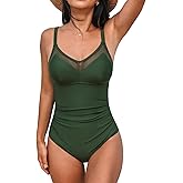 CUPSHE Women's One Piece Swimsuit Bathing Suit V Neck Back Hook Cutout Adjustable Straps Ruched Mesh