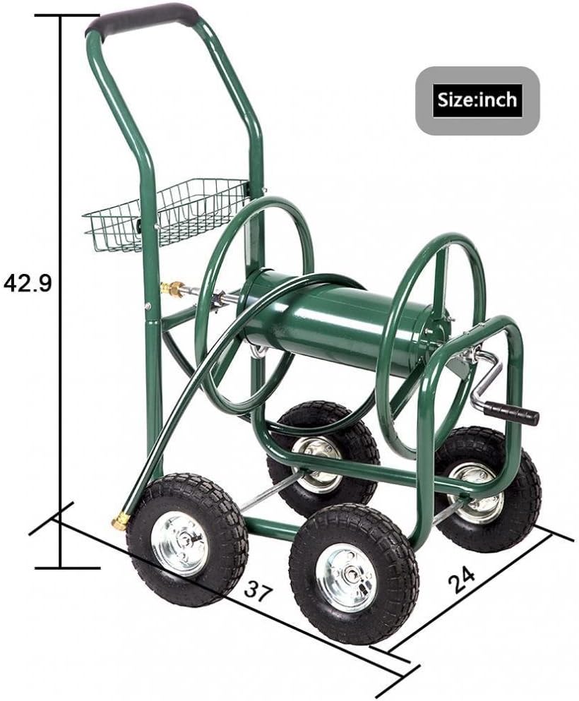 outdoor hose holder on Watering Equipment Ffbag Metal Garden Hose Reel Cart With Wheels Outdoor Water Hose Heavy Duty Holder Yard Carts 4 Wheel With Storage Basket Yard Water Truck Gardening