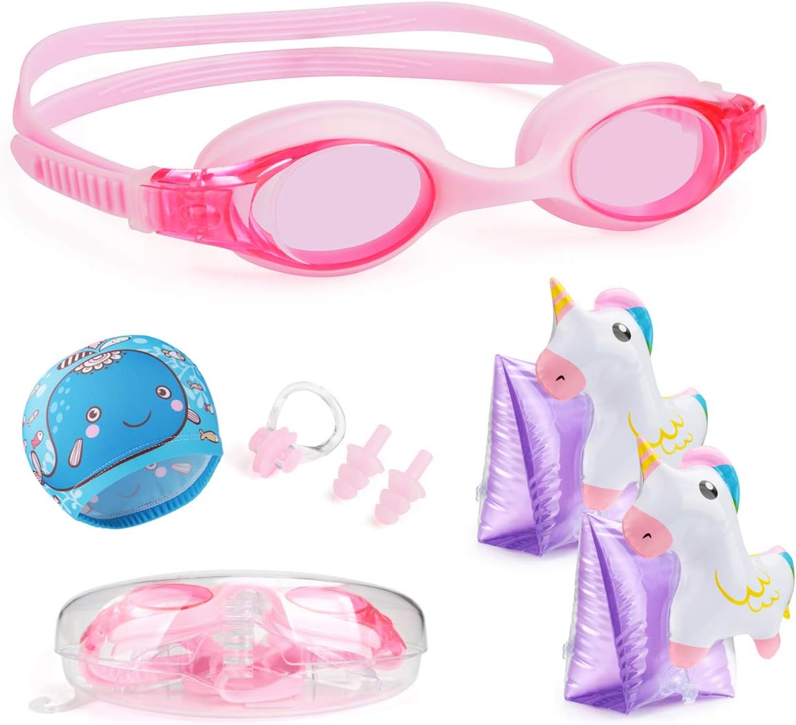 Keegud Kids Swim Goggles,6 in 1 Swimming Goggles for Kids (Age 3-8)+ Inflatable Swim Arm Bands + Swim Cap + Nose Clip + Ear Plugs + Case, Clear Vision Anti-Fog UV Protection