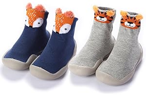FABRST 2 Pairs Baby Sock Shoes Toddler Infant Non Slip Soft Rubber Sole Slippers First Walking Shoes for Baby Boys Girls