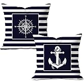 JWERBENPEY Navy Blue Nautical Pillow Cover 18x18, Coastal Beach Room Decor, Blue and White Striped Boat Anchor Compass Nautical Decorative Pillow Covers for Bedroom Home Cabin Office, Set of 2