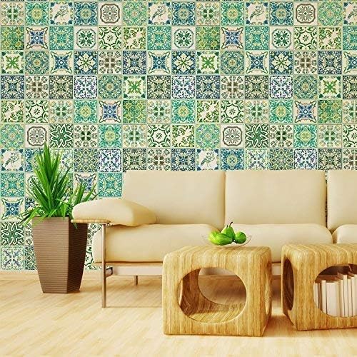 Walplus Wall Stickers Removable Self-Adhesive Mural Art Decals Vinyl Home Decoration DIY Living Bedroom Kitchen Décor Wallpaper Gift Turkish Green Mosaic Tile Sticker - 20 cm x 20 cm - 12 pcs