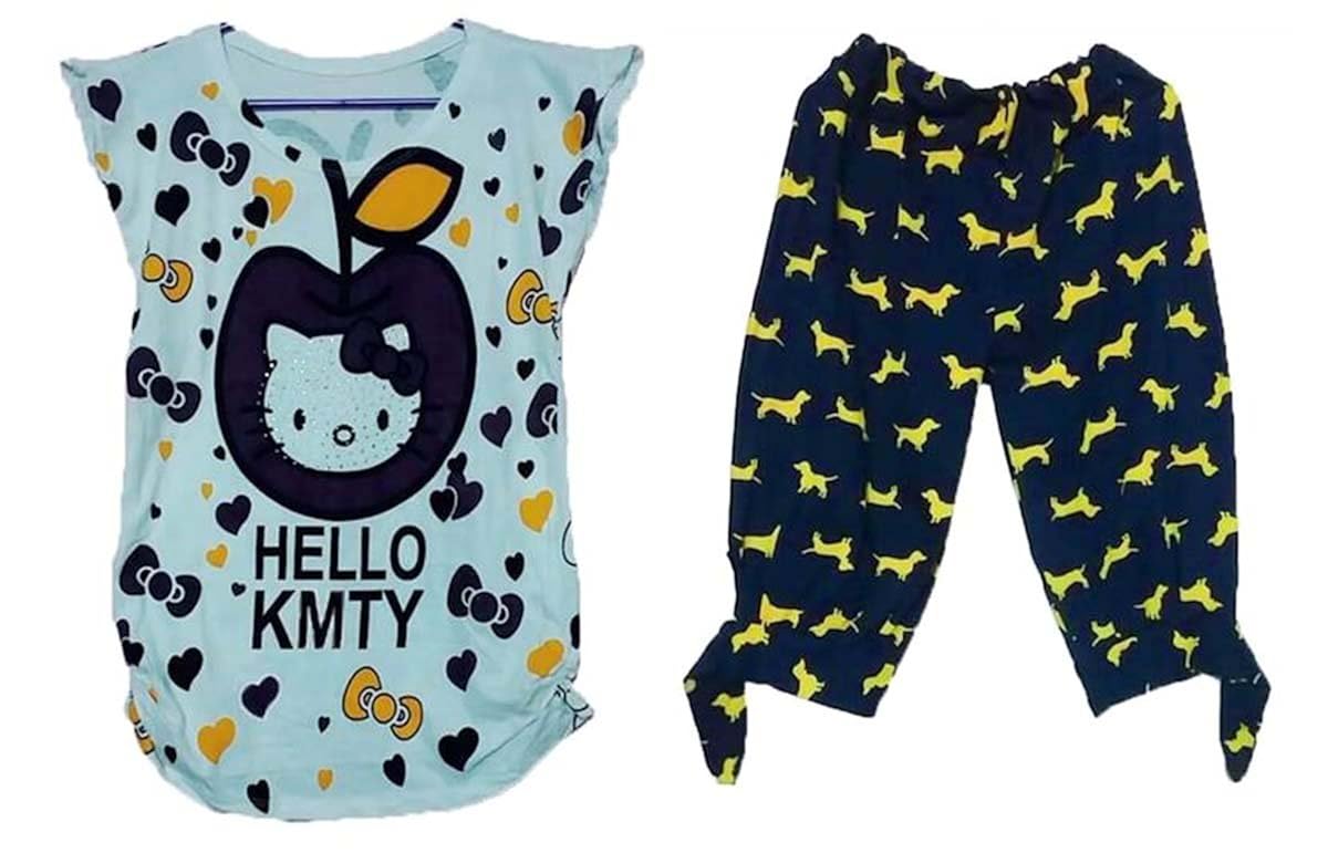 ladies 1 capri pant free size & 1 printed top/tshirt size- s/m (sleepwear,nightwear/gift for girlfriend wife/nighty for ladies summer pant for women's cotton